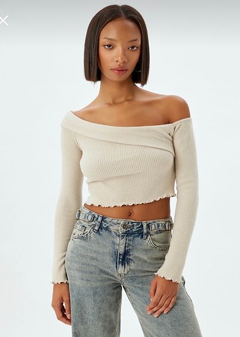 Bej Kayık Yaka Uzun Kollu Mini Bluz - Görsel 2