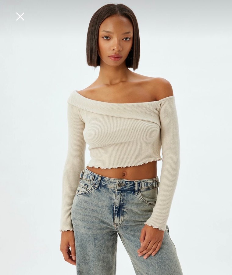 Bej Kayık Yaka Uzun Kollu Mini Bluz - Görsel 2