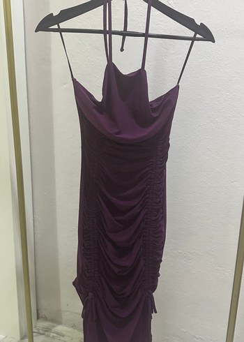 Mor Drapeli Uzun Askılı Abiye Elbise - Görsel 2