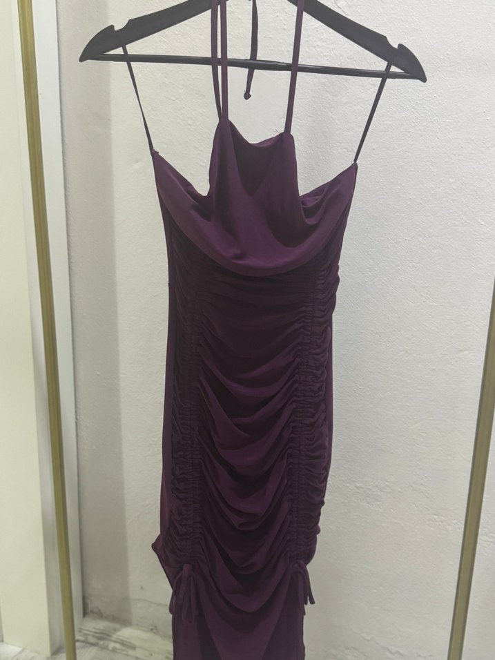 Mor Drapeli Uzun Askılı Abiye Elbise - Görsel 2