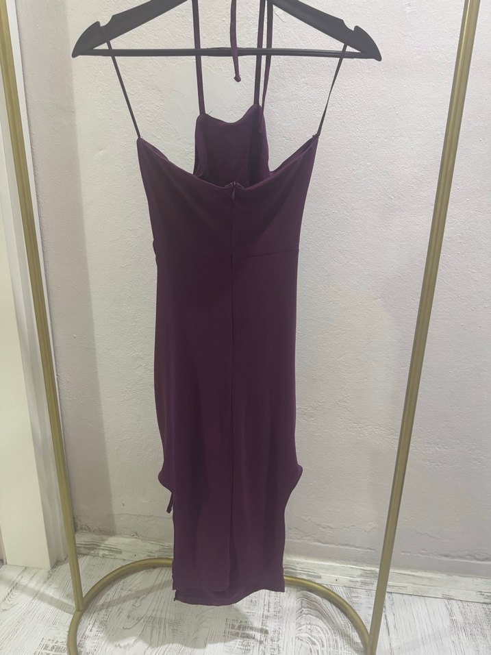 Mor Drapeli Uzun Askılı Abiye Elbise - Görsel 5
