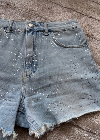 s Beden mavi Renk Kadın Gri Mavi Taşlı Mini Jean Şort