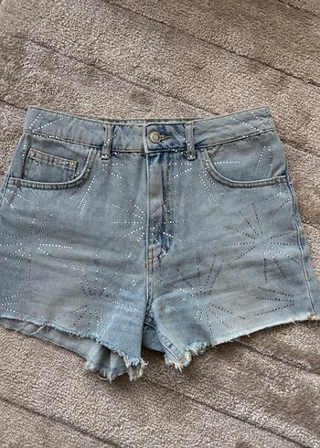 Kadın Gri Mavi Taşlı Mini Jean Şort