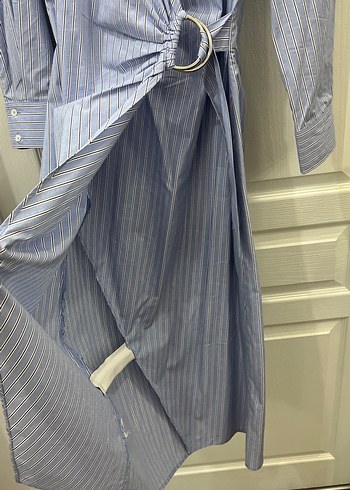 Çizgili Mavi Midi Boy Kadın Gömlek Elbise - Görsel 7