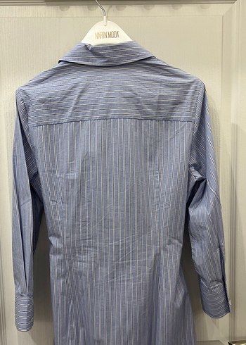 Çizgili Mavi Midi Boy Kadın Gömlek Elbise - Görsel 5