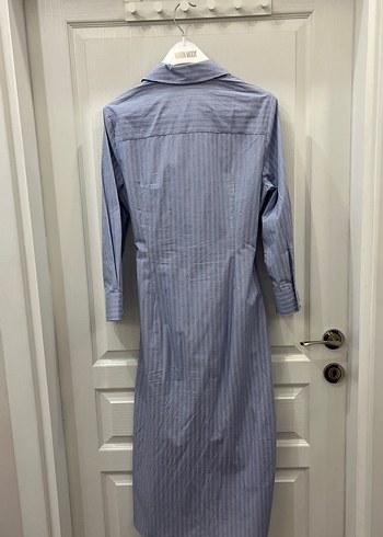 Çizgili Mavi Midi Boy Kadın Gömlek Elbise - Görsel 4