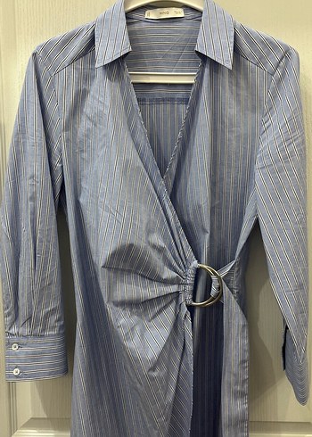 Çizgili Mavi Midi Boy Kadın Gömlek Elbise - Görsel 3