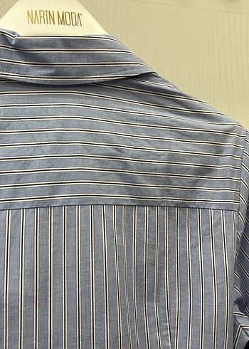 Çizgili Mavi Midi Boy Kadın Gömlek Elbise - Görsel 6