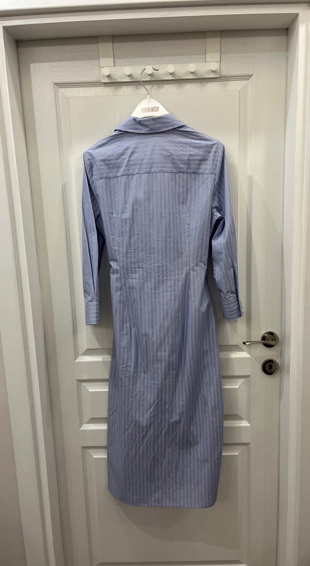 Çizgili Mavi Midi Boy Kadın Gömlek Elbise - Görsel 4