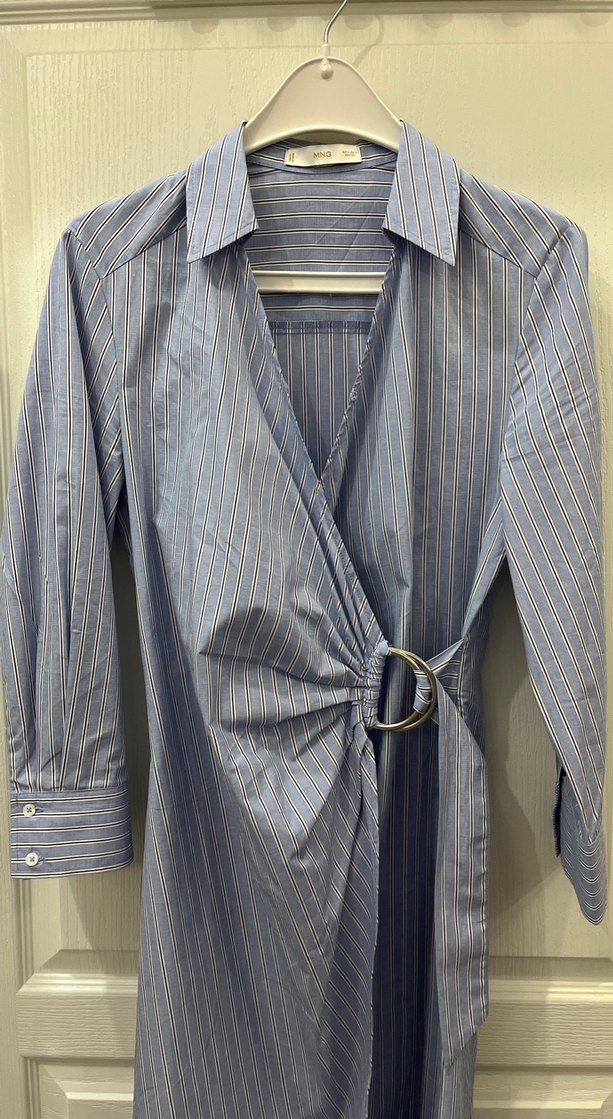 Çizgili Mavi Midi Boy Kadın Gömlek Elbise - Görsel 3