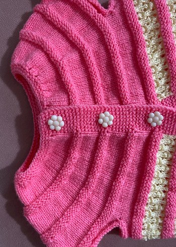 Pembe Örgü Kız Çocuk Kolsuz Hırka - Görsel 3
