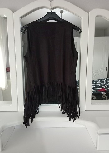 Siyah Süet Püsküllü Bohem Kadın Yeleği - Görsel 2