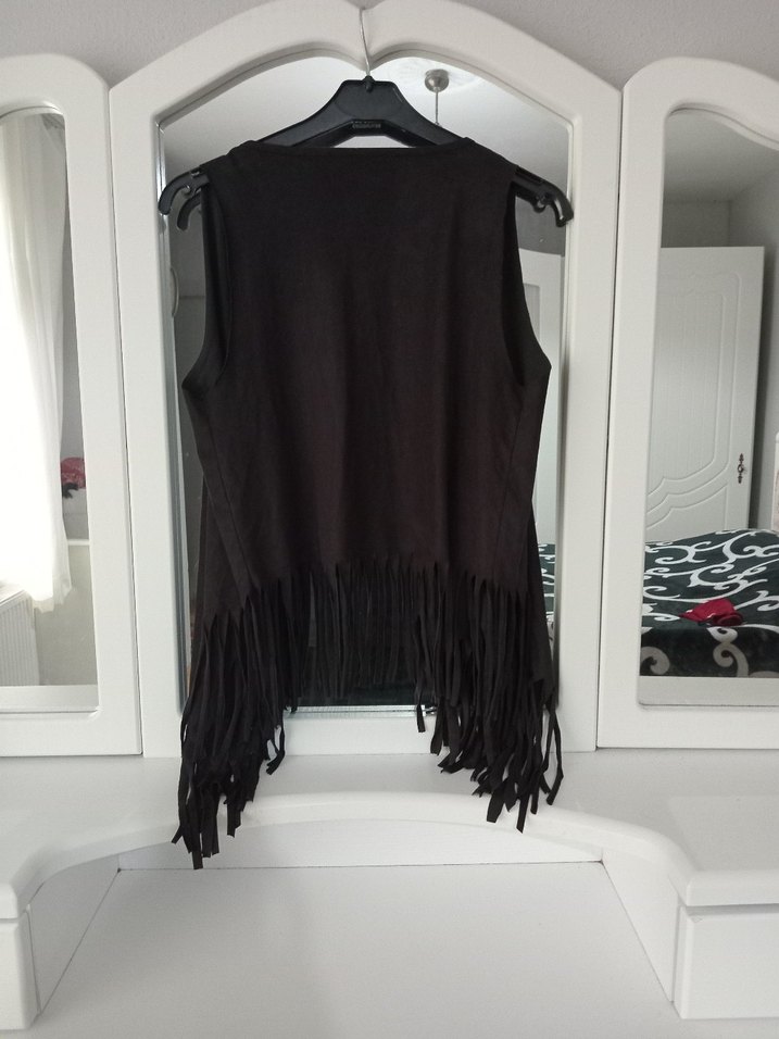 Siyah Süet Püsküllü Bohem Kadın Yeleği - Görsel 2