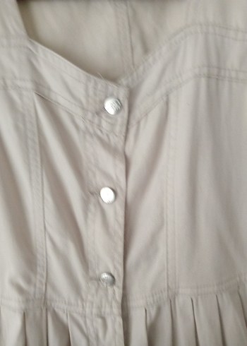 Düğmeli Bej Keten Uzun Elbise - Görsel 4