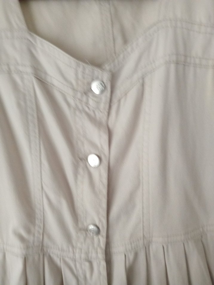 Düğmeli Bej Keten Uzun Elbise - Görsel 4