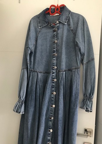 Düğmeli Kot Uzun Elbise - Görsel 4