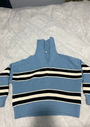 Çizgili Mavi Örgü Kadın Kazak - Görsel 2