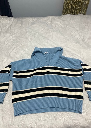 Çizgili Mavi Örgü Kadın Kazak - Görsel 3