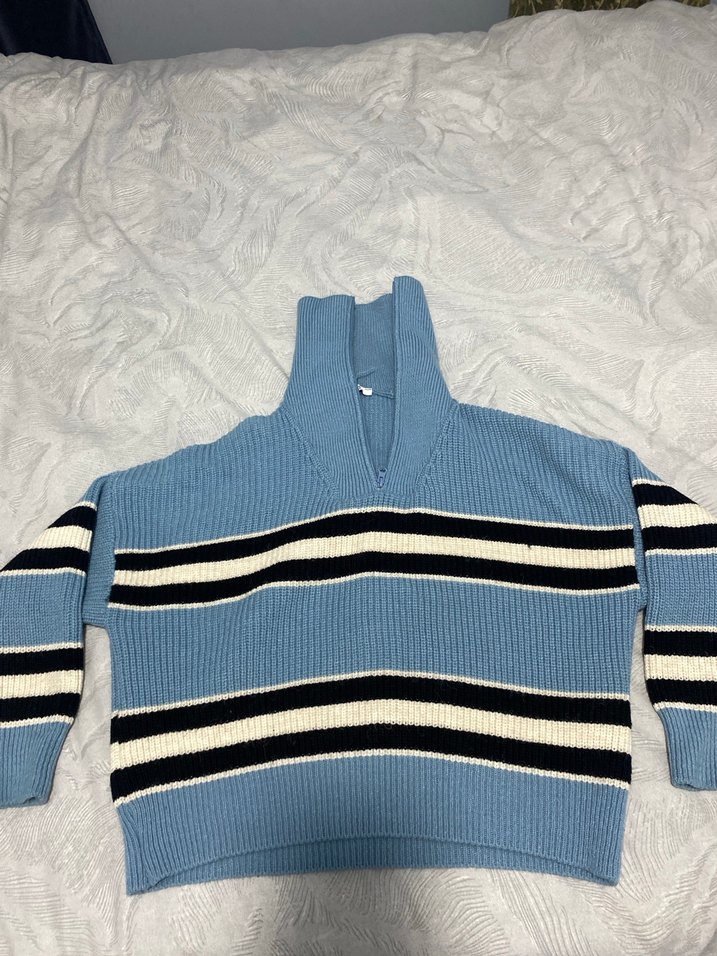 Çizgili Mavi Örgü Kadın Kazak - Görsel 2