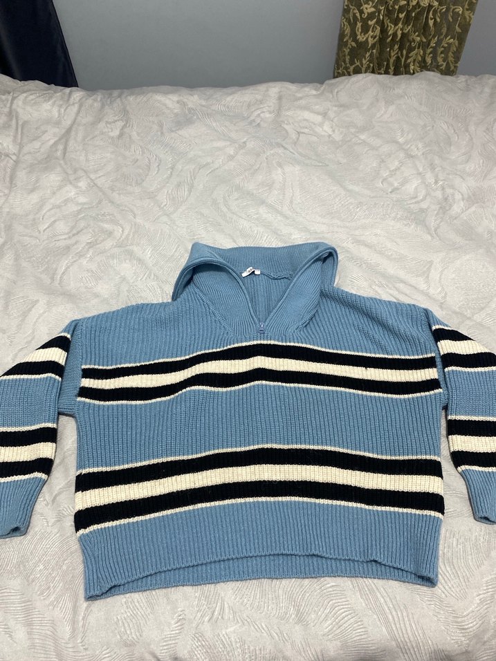 Çizgili Mavi Örgü Kadın Kazak - Görsel 3