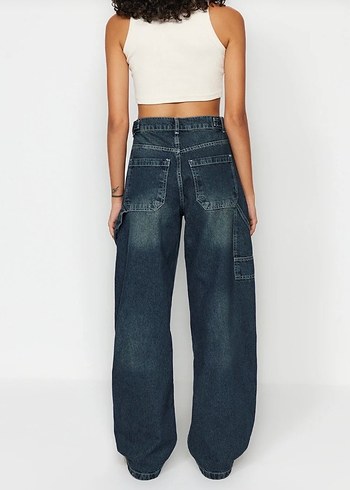 Kadın Gri Mavi Midi Kot Pantolon Rahat Kesim - Görsel 6