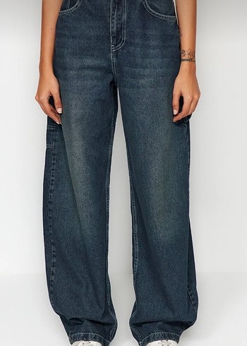 Kadın Gri Mavi Midi Kot Pantolon Rahat Kesim - Görsel 5