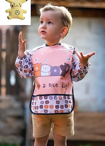 Fonksiyonel uzun kollu, cepli, giyilebilir mama önlüğü.