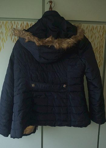 Kürklü Kapüşonlu Lacivert Kadın Mont - Görsel 3