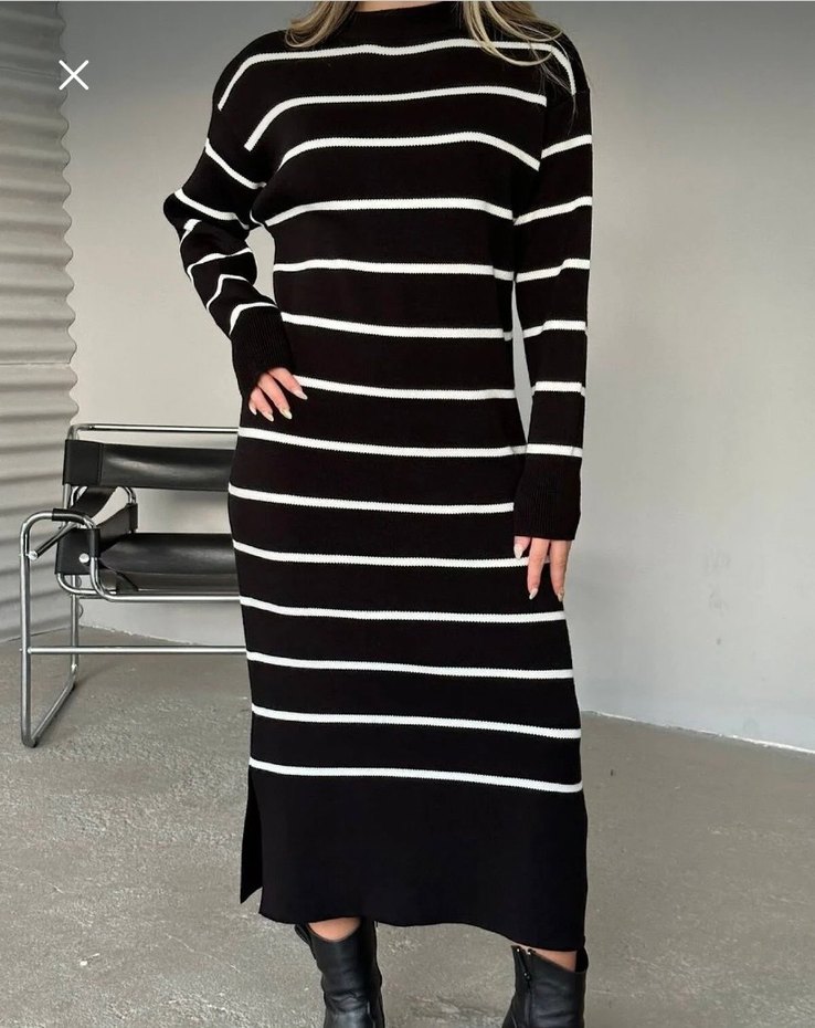 Standart beden Uzun Kollu Siyah Beyaz Çizgili Triko Kazak - Görsel 3