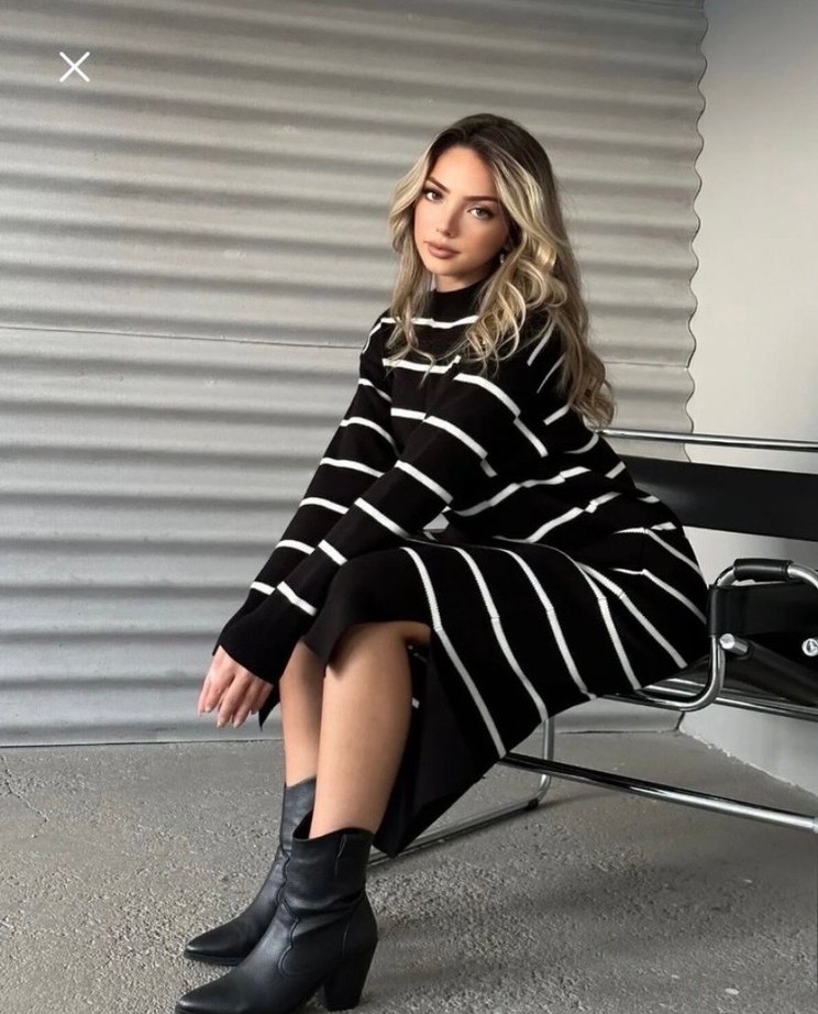 Kadın Siyah Çizgili Uzun Triko Elbise - Görsel 2