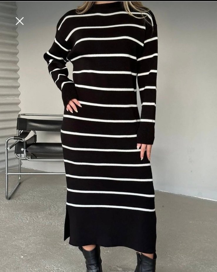 Siyah Beyaz Çizgili Uzun Triko Elbise - Görsel 3