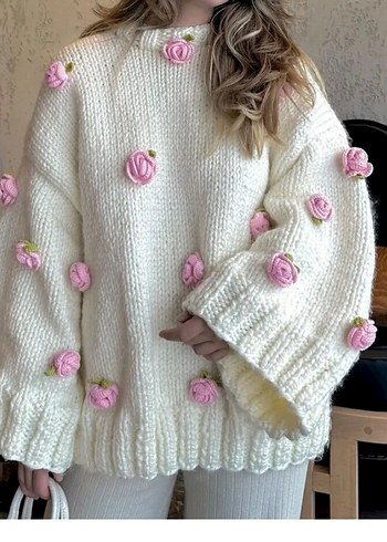 Rosalinda El Örgüsü Gül Detaylı Oversize Kazak - Görsel 2