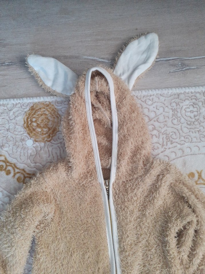 Bej Kürklü peluş Bebek Tulumu tavşan kostümü kulaklı - Görsel 2