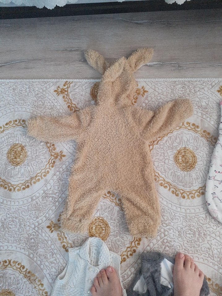 Bej Kürklü peluş Bebek Tulumu tavşan kostümü kulaklı - Görsel 3