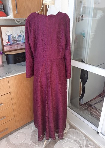 Mor Dantel Detaylı Uzun abiye Henna Elbise - Görsel 4