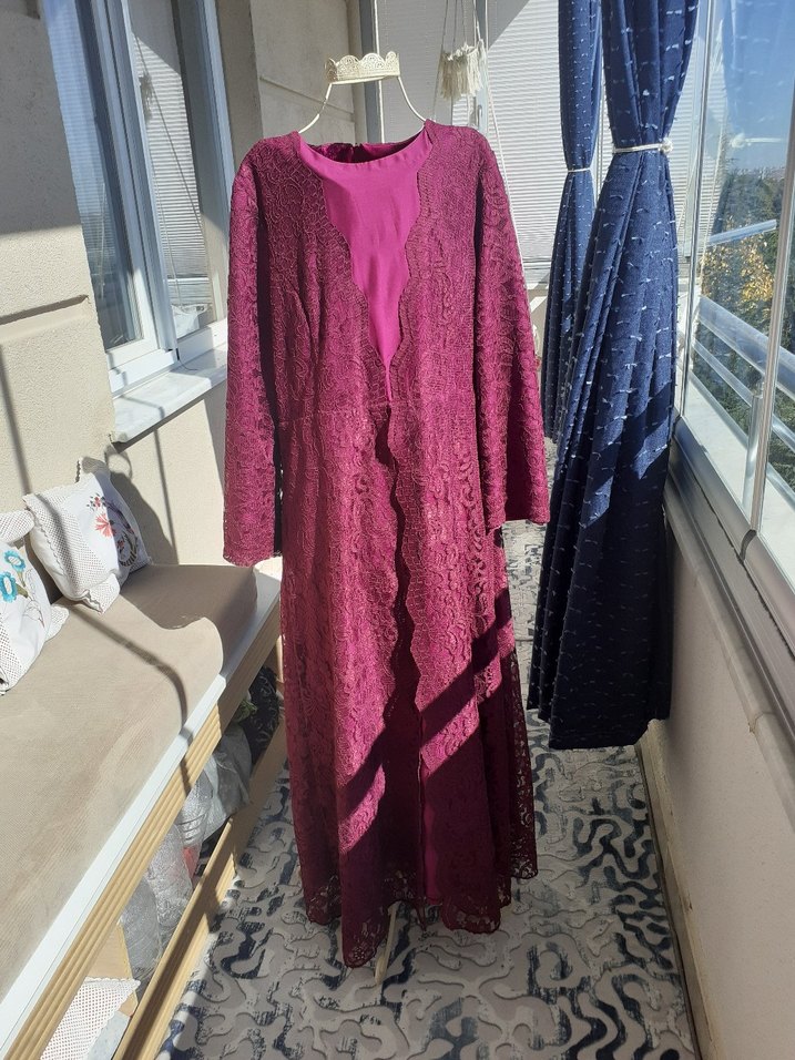 Mor Dantel Detaylı Uzun abiye Henna Elbise - Görsel 2