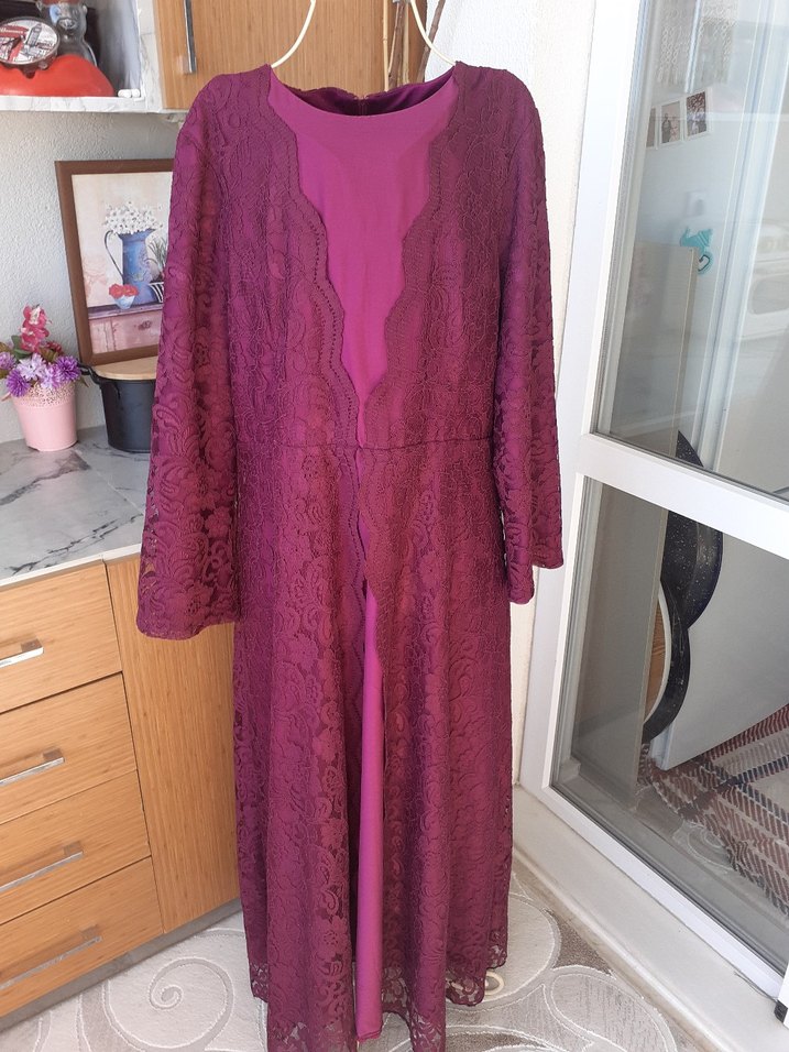 Mor Dantel Detaylı Uzun abiye Henna Elbise - Görsel 3