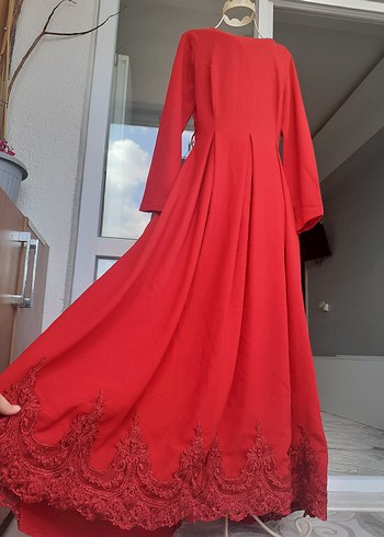 Uzun Kırmızı Dantelli pileli Kadın Elbise abiye kına gecesi - Görsel 2