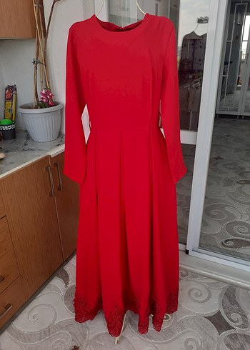 Uzun Kırmızı Dantelli pileli Kadın Elbise abiye kına gecesi - Görsel 3