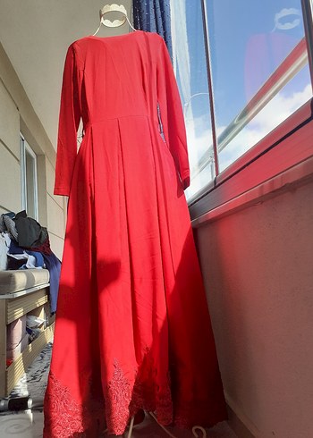 Uzun Kırmızı Dantelli pileli Kadın Elbise abiye kına gecesi - Görsel 8