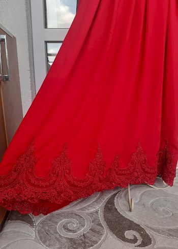 Uzun Kırmızı Dantelli pileli Kadın Elbise abiye kına gecesi - Görsel 4