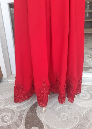 Uzun Kırmızı Dantelli pileli Kadın Elbise abiye kına gecesi - Görsel 5