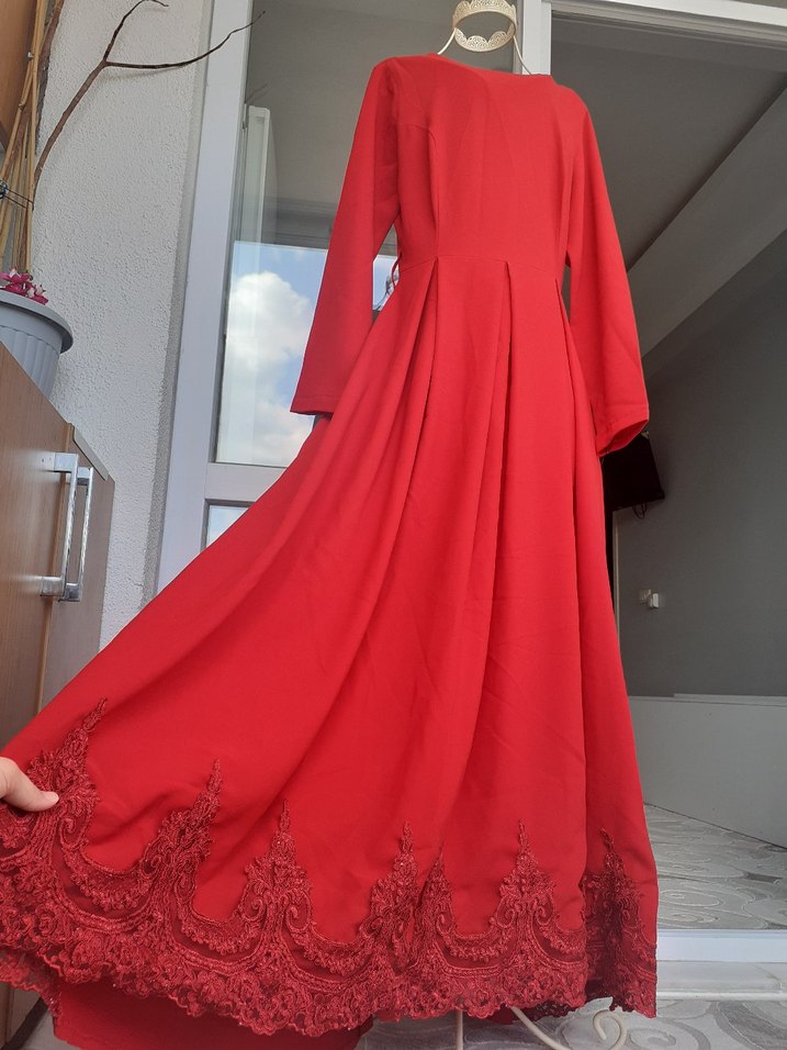 Uzun Kırmızı Dantelli pileli Kadın Elbise abiye kına gecesi - Görsel 2
