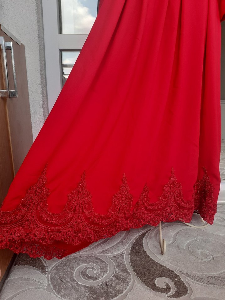 Uzun Kırmızı Dantelli pileli Kadın Elbise abiye kına gecesi - Görsel 4
