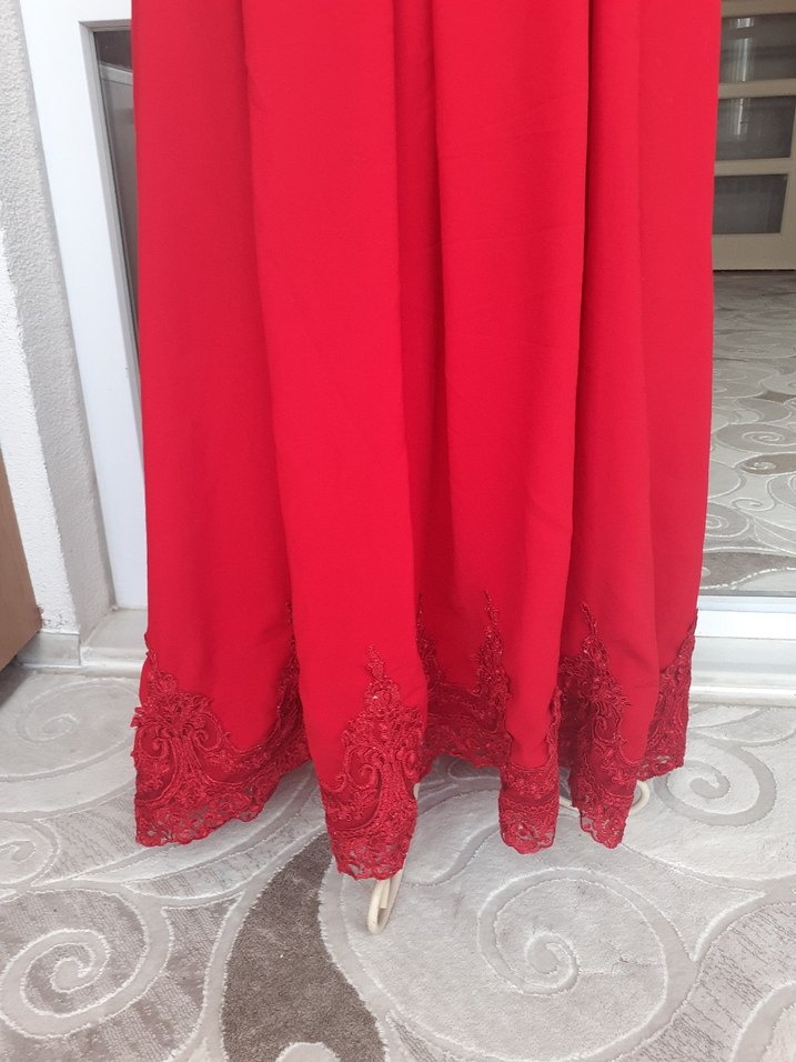 Uzun Kırmızı Dantelli pileli Kadın Elbise abiye kına gecesi - Görsel 5