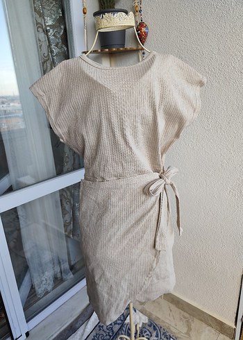 Bej Keten Salaş Midi Elbise Triko - Görsel 4