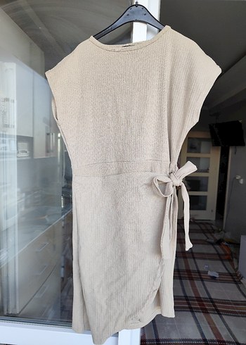 Bej Keten Salaş Midi Elbise Triko - Görsel 5