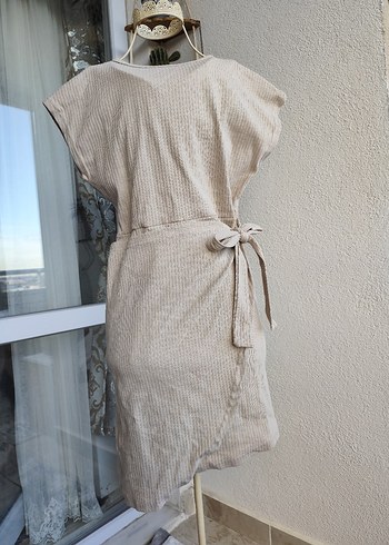 Bej Keten Salaş Midi Elbise Triko - Görsel 2