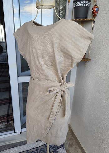 Bej Keten Salaş Midi Elbise Triko - Görsel 3