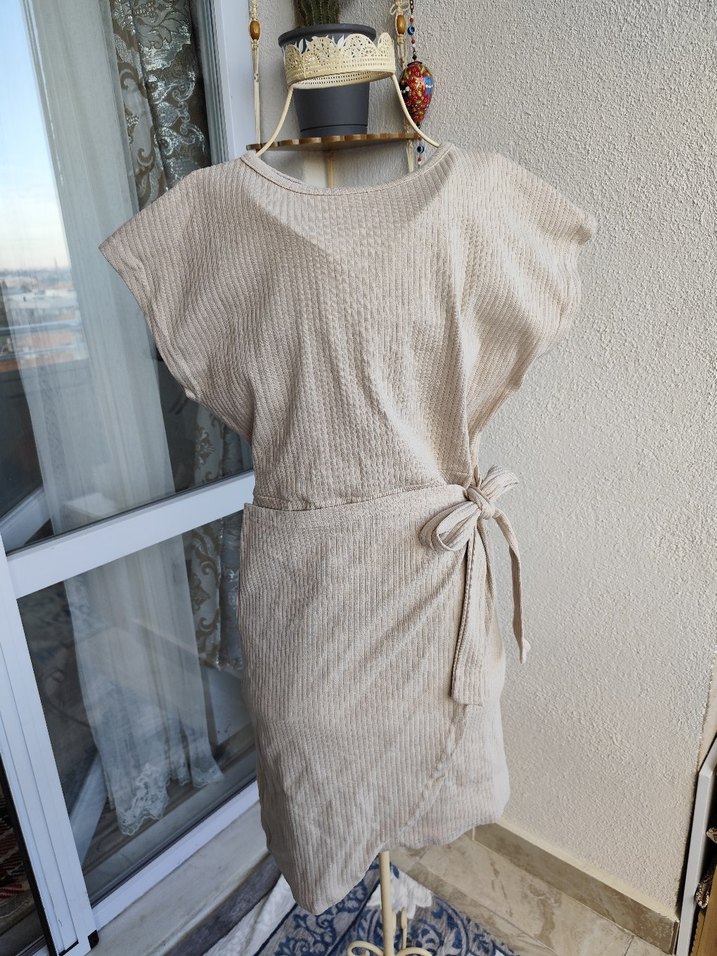 Bej Keten Salaş Midi Elbise Triko - Görsel 4